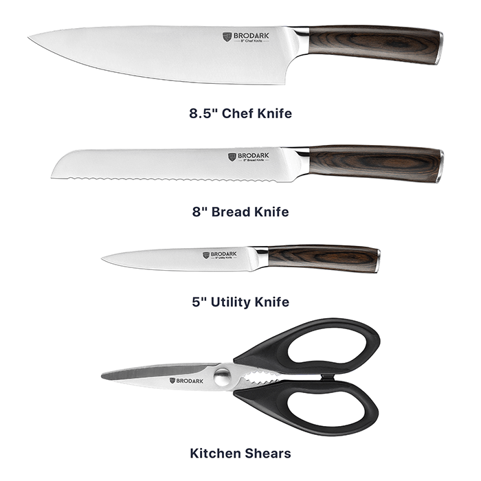  BRODARK Chef Knife Set Professional 4-Pieces kitchen knife,  Ultra Sharp German Stainless Steel Knife with Kitchen Shears, Ergonomic  Handle Full Tang Forged Gift with Premium Box: Home & Kitchen