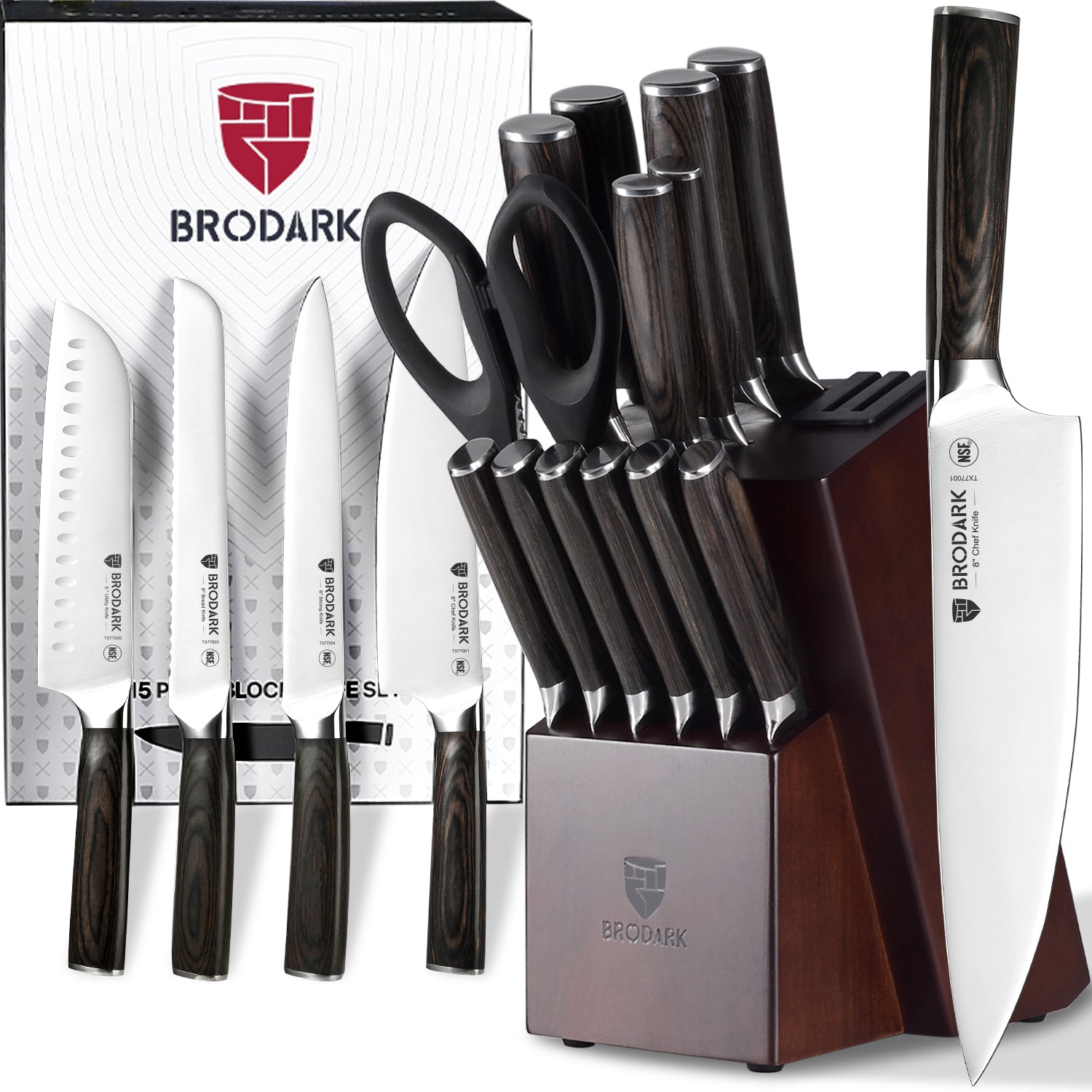 Kitchen Knife Set with Block, Food Grade 15 Pcs German Stainless Steel Professional Chef Knife Set with Knife Sharpener, Full Tang Knife Block Set, Christmas Gifts for Women and Men