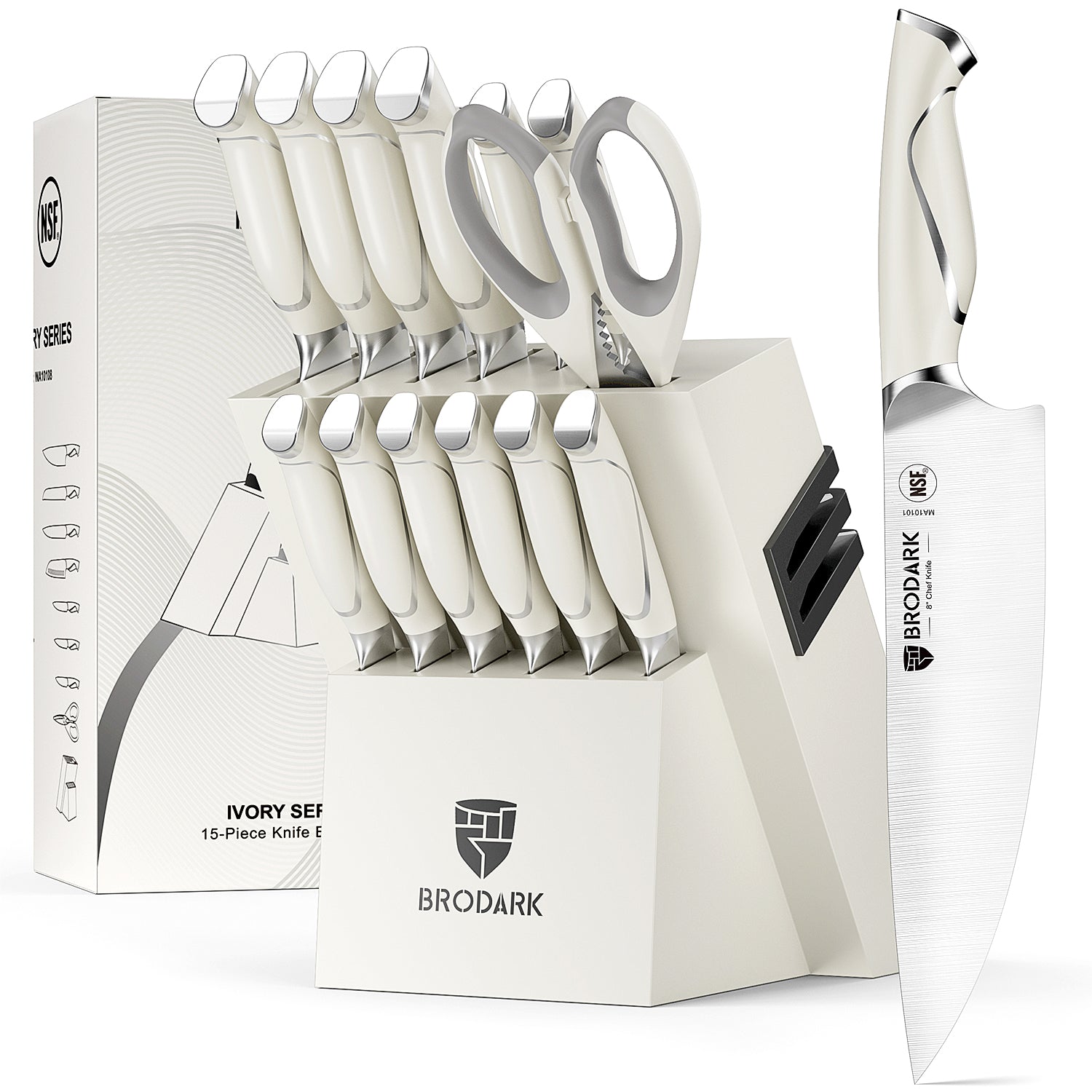 Kitchen Knife Sets with Block and Built-in Sharpener, 15 Pcs Full Tang Professional Chef Knife Set, NSF Certified Food Grade Stainless Steel Cutlery Set, Ivory Series