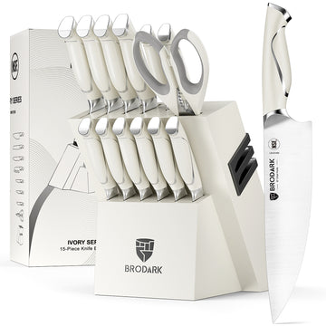 Kitchen Knife Sets with Block and Built-in Sharpener, 15 Pcs Full Tang Professional Chef Knife Set, NSF Certified Food Grade Stainless Steel Cutlery Set, Ivory Series