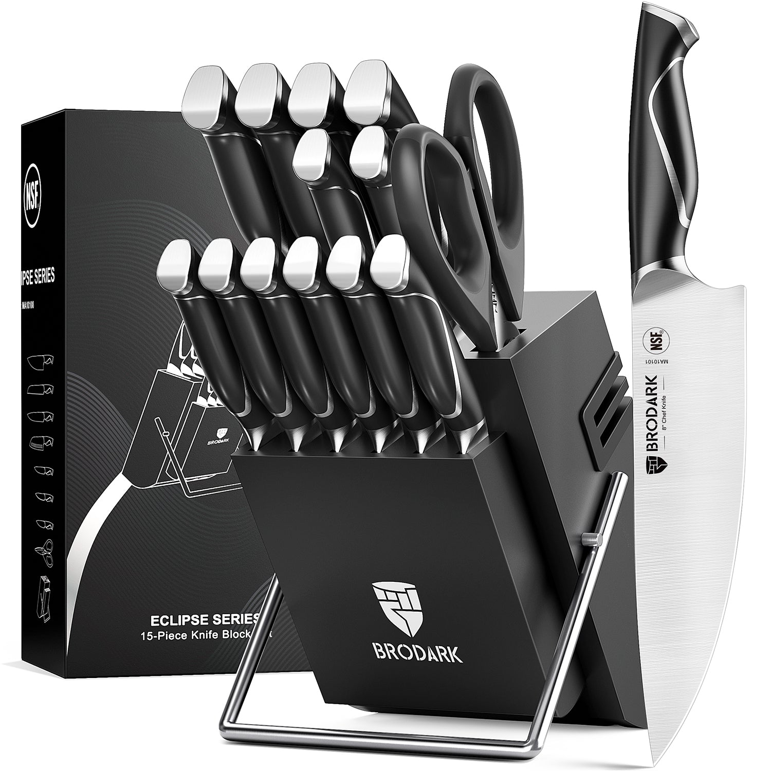 Kitchen Knife Sets with Block and Built-in Sharpener, 15 Pcs Full Tang Professional Chef Knife Set, NSF Certified Food Grade Stainless Steel Cutlery Set, Eclipse Series