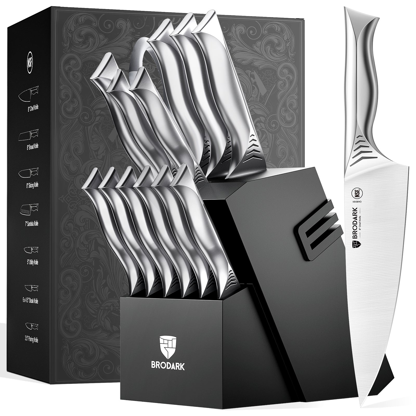 Kitchen Knife Set with Block, 15-Piece Knife Block Set with Built-in Sharpener, Stainless Steel Knives Set for Kitchen, NSF Certified Kitchen Knives, Shark Series