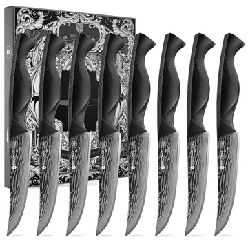 Damascus Steak Knives Set of 8, 4.5 Inch Non Serrated Razor-Sharp Full Tang Design, Rust Resistant 67-Layer Steel Kitchen Steak Knives, Dark Horse Series